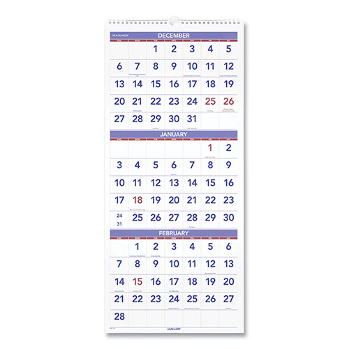 At-A-Glance Deluxe Three-Month Reference Wall Calendar, Vertical Orientation, 12 x 27, White Sheets, 14-Month (Dec to Jan): 2023 to 2025