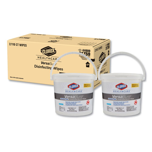 Clorox VersaSure Cleaner Disinfectant Wipes, 1-Ply, 12" x 12", White, 110/Bucket, 2/CT