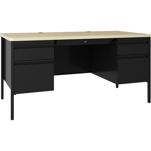 Lorell Fortress Double-pedestal Teacher's Desk, 60" x 29.5" x 30" , 0.8" Modesty Panel, Double Pedestal, T-mold Edge, Material: Steel, Laminate Surface, Finish: Maple, Black