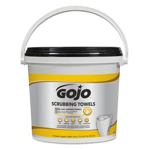 Gojo Scrubbing Towels, Hand Cleaning, White/Yellow, 170/Bucket, 2 Buckets/Carton