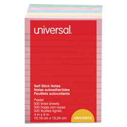 Universal Self-Stick Note Pads, 4 x 6, Lined, Assorted Pastel Colors, 100-Sheet, 5/PK