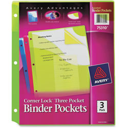 Avery Binder Pockets, Corner Lock, 20 Page Cap., 3/PK, Assorted