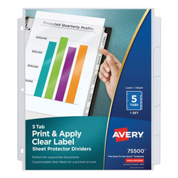 Avery Print and Apply Index Maker Clear Label Sheet Protector Dividers with White Tabs, 5-Tab, 11 x 8.5, White, 1 Set