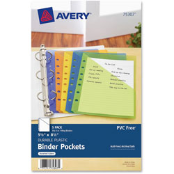 Avery Small Binder Polypropylene Pockets, 7 Hole Punched, Assorted, 5 1/2"x11", 5 per Pack