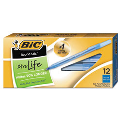 Bic Round Stic Xtra Life Stick Ballpoint Pen, 1mm, Blue Ink, Translucent Blue Barrel, Dozen