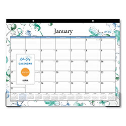 Blue Sky Lindley Desk Pad, Floral Artwork, 22 x 17, White/Blue/Green Sheets, Black Binding, Clear Corners, 12-Month (Jan-Dec): 2024