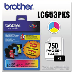 Brother LC65 Cyan, Magenta and Yellow Ink Cartridges, 750 Pages