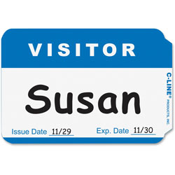 C-Line Self Adhesive "Visitor" Name Badges, White/Blue, 3 1/2 x 2 1/4, 100/Box