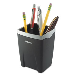 Fellowes Office Suites Divided Pencil Cup, Plastic, 3 1/16 x 3 1/16 x 4 1/4, Black/Silver