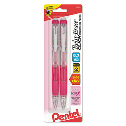 Pentel Twist-Erase CLICK Mechanical Pencil, 0.7 mm, HB (#2.5), Black Lead, Pink Barrel, 2/Pack