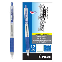 Pilot EasyTouch Retractable Ballpoint Pen, Medium 1mm, Blue Ink, Clear Barrel, Dozen