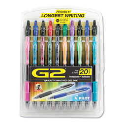 Pilot G2 Premium Retractable Gel Pen, Fine 0.7mm, Assorted Ink/Barrel, 20/Set