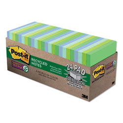 Post-it® Recycled Notes in Oasis Collection Colors, Cabinet Pack, 3" x 3", 70 Sheets/Pad, 24 Pads/Pack