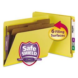 Smead End Tab Colored Pressboard Classification Folders with SafeSHIELD Coated Fasteners, 2 Dividers, Letter Size, Yellow, 10/Box