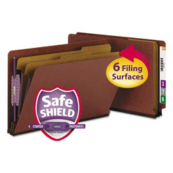 Smead End Tab Pressboard Classification Folders with SafeSHIELD Coated Fasteners, 2 Dividers, Legal Size, Red, 10/Box
