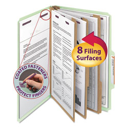 Smead Pressboard Classification Folders with SafeSHIELD Coated Fasteners, 2/5 Cut, 3 Dividers, Legal Size, Gray-Green, 10/Box