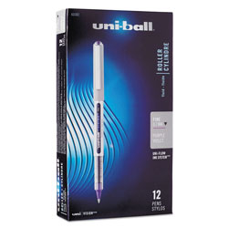 Uni-Ball VISION Stick Roller Ball Pen, Fine 0.7mm, Majestic Purple Ink, Gray Barrel, Dozen
