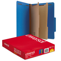 Universal Bright Colored Pressboard Classification Folders, 2" Expansion, 2 Dividers, 6 Fasteners, Letter Size, Cobalt Blue, 10/Box