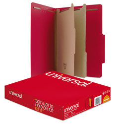 Universal Bright Colored Pressboard Classification Folders, 2" Expansion, 2 Dividers, 6 Fasteners, Letter Size, Ruby Red, 10/Box
