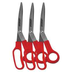Universal General Purpose Stainless Steel Scissors, 7.75" Long, 3" Cut Length, Red Offset Handles, 3/Pack