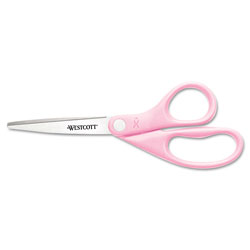 Westcott® All Purpose Pink Ribbon Scissors, 8" Long, 3.5" Cut Length, Pink Straight Handle
