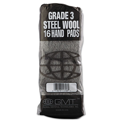 Global Material Industrial-Quality Steel Wool Hand Pad, #3 Medium, 16/Pack, 192/Carton