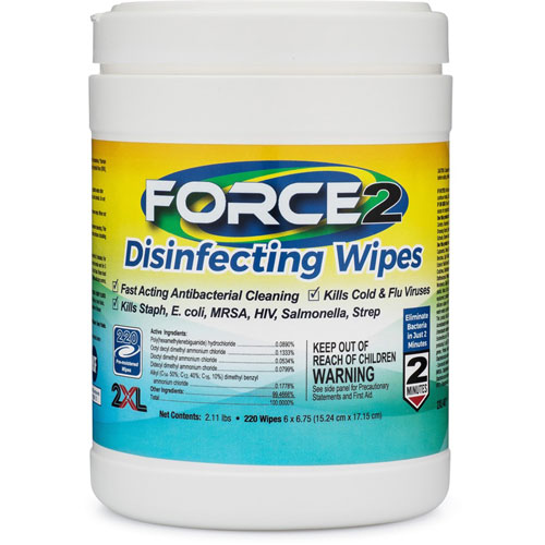 2XL FORCE2 Disinfecting Wipes, Wipe, 6" x 6.75" Length, 220/Tub, 220/Each, White