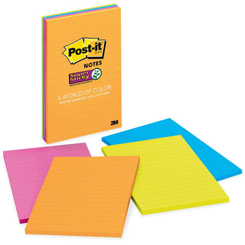 3M Lined Super Sticky Notes, 4" x 6", Assorted Ultra