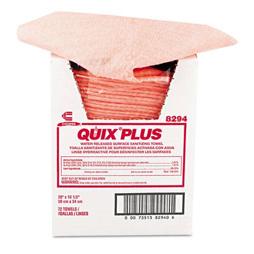 Chicopee Quix Plus Cleaning and Sanitizing Towels, 13 1/2 x 20, Pink, 72/Carton