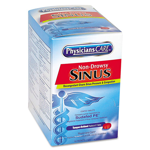 Physicians Care Sinus Decongestant Congestion Medication, One Tablet/Pack, 50 Packs/Box