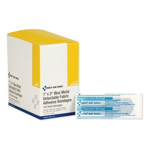 First Aid Only Adhesive Blue Metal Detectable Bandages, 1 x 3, Plastic w/Foil, 100/Bx, 12 Bx/Ct