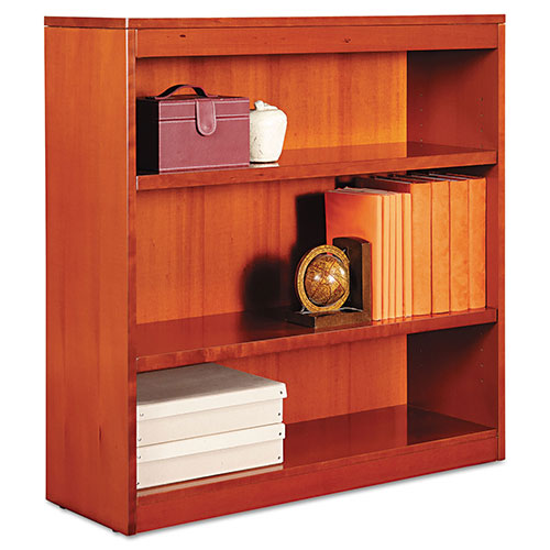 Alera Square Corner Wood Bookcase, Three-Shelf, 35.63"w x 11.81"d x 35.91"h, Medium Cherry