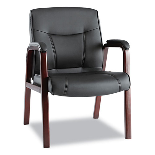 Alera Madaris Series Leather Guest Chair with Wood Trim Legs, 24.88" x 26" x 35", Black Seat/Black Back, Mahogany Base