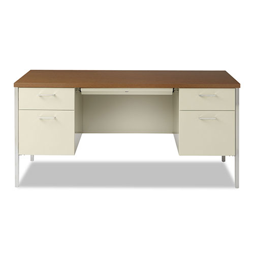 Alera Double Pedestal Steel Desk, Metal Desk, 60w x 30d x 29.5h, Cherry/Putty