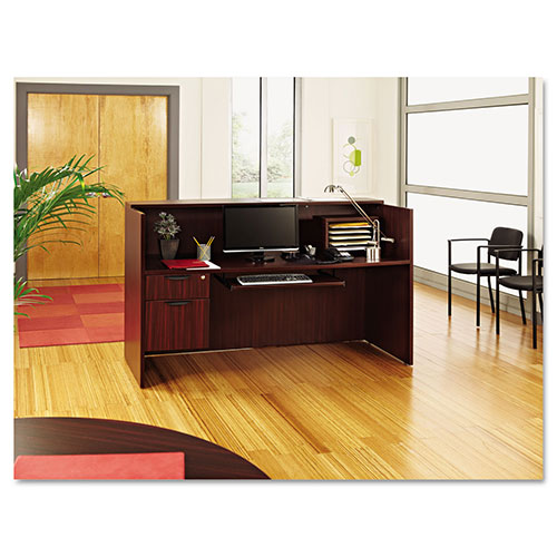 Alera Valencia Series Reception Desk with Counter, 71w x 35.5d x 42.5h, Mahogany