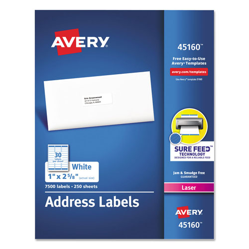 Avery White Address Labels w/ Sure Feed Technology for Laser Printers, Laser Printers, 1 x 2.63, White, 30/Sheet, 250 Sheets/Box