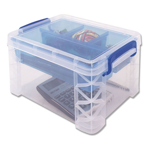 Advantus Super Stacker Divided Storage Box, Clear w/Blue Tray/Handles, 7 1/2 x 10.12x6.5
