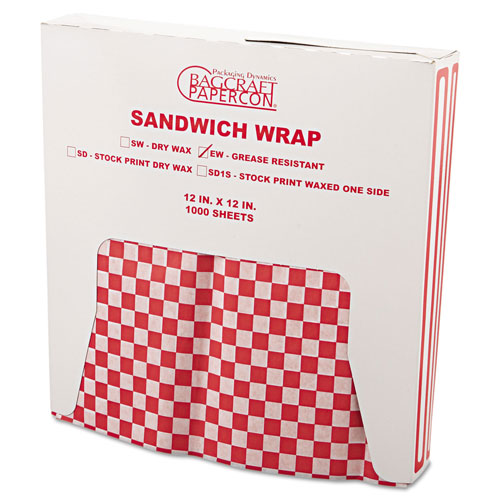 Bagcraft Grease-Resistant Paper Wraps and Liners, 12 x 12, Red Check, 1000/Box, 5 Boxes/Carton
