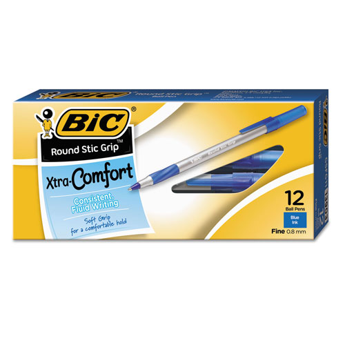 Bic Round Stic Grip Xtra Comfort Stick Ballpoint Pen, 0.8mm, Blue Ink, Gray Barrel, Dozen