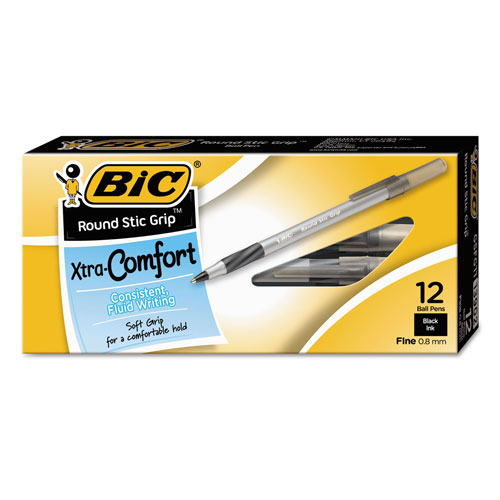 Bic Round Stic Grip Xtra Comfort Stick Ballpoint Pen, 0.8mm, Black Ink, Gray Barrel, Dozen