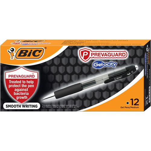 Bic PrevaGuard Gel-ocity Retractable Gel Pen, Medium 0.7 mm, Black Ink, Clear/Black Barrel, Dozen