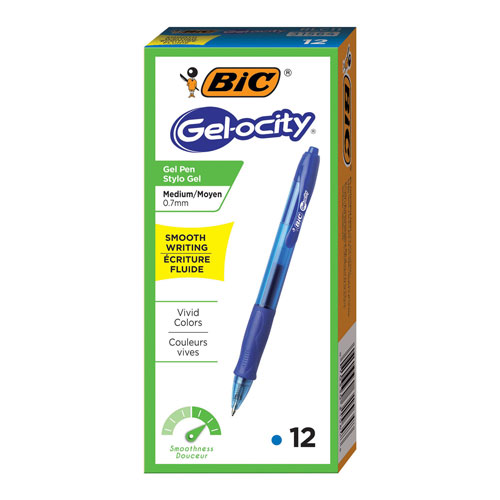 Bic Gel-ocity Retractable Gel Pen, 0.7mm, Blue Ink, Translucent Blue Barrel, Dozen