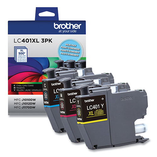 Brother LC401XL3PKS High-Yield Ink, 500 Page-Yield, Cyan/Magenta/Yellow, 3/Pack