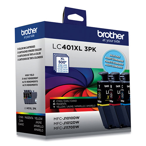 Brother LC401XL3PKS High-Yield Ink, 500 Page-Yield, Cyan/Magenta/Yellow, 3/Pack