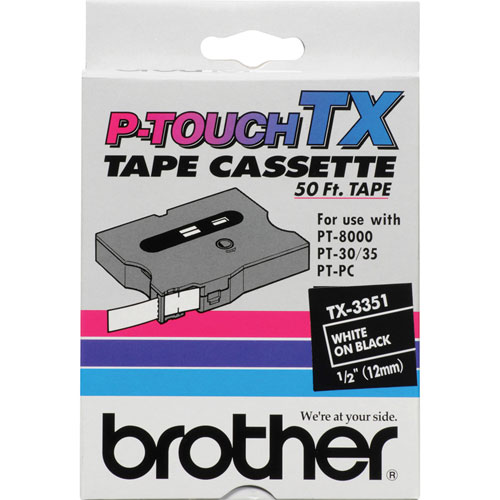 Brother TX Series Tape Cartridge for PT 8000, PT PC, PT 30/35, White on Black, 1/2" Wide