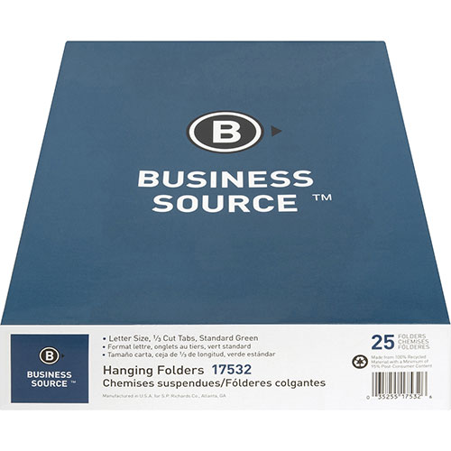 Business Source Hanging Folder, 1/3 Tab Cut, Letter, Standard Green