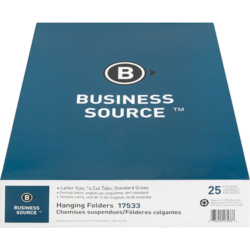 Business Source Hanging Folder, 1/5 Tab Cut, Letter, 25/BX, Standard Green