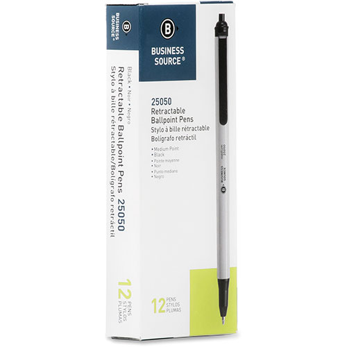 Business Source Ballpoint Pen, Retract, Clip, Med Pt, Gray Barrel, Black Ink