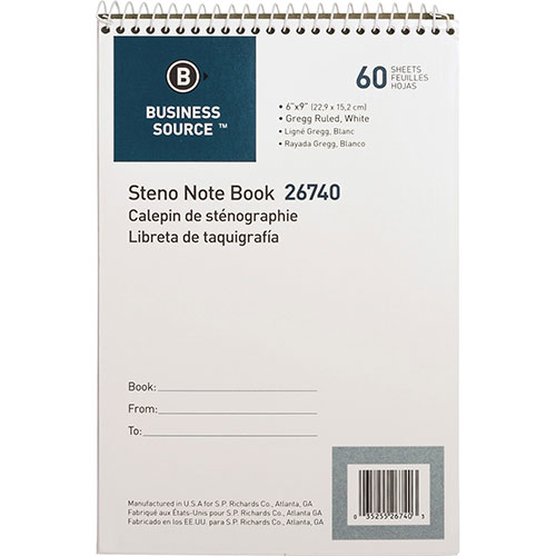 Business Source Steno Notebook, Greg Ruled, 6" x 9", 60 Sheets, White Paper