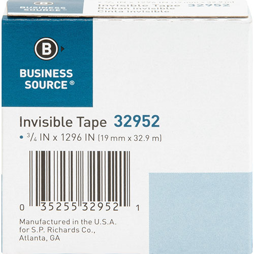 Business Source Invisible Tape, 1" Core, 3/4"x1296", Transparent